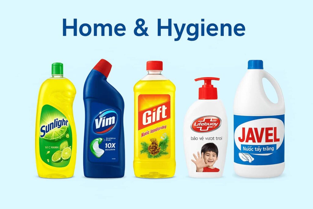 Home and hygiene products in Vietnam such as dishwashing liquid, surface cleaners, and hand wash - Vico Trading